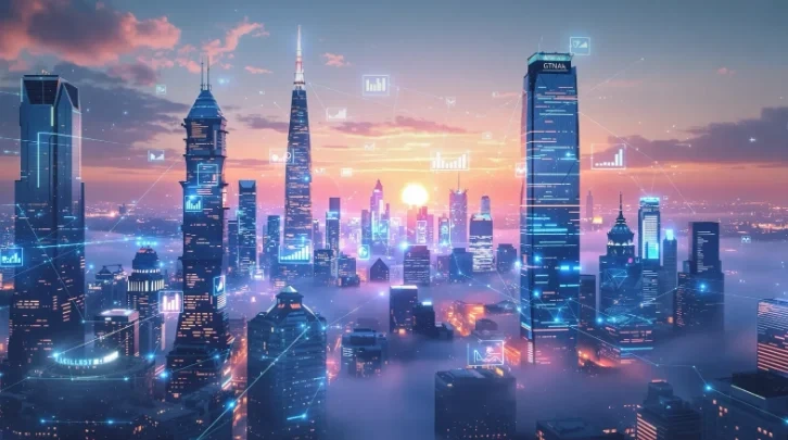 Futuristic cityscape with glowing AI networks, representing business growth and data flow in 2025